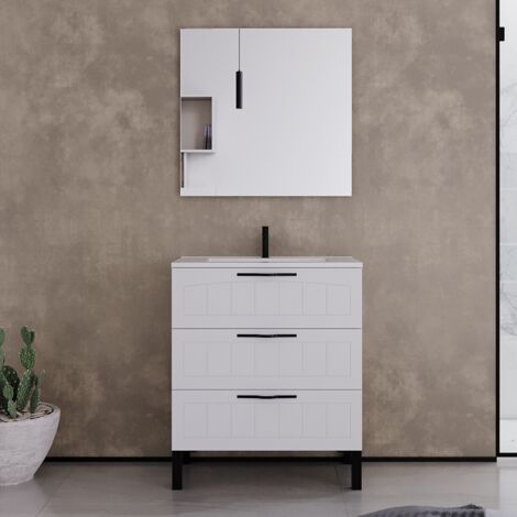 Meuble de salle de bain 60cm simple vasque - 3 tiroirs - blanc - CALA (1/5)