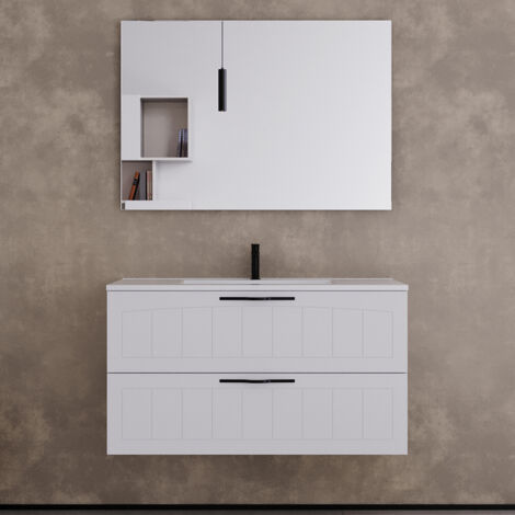 Meuble de salle de bain 90cm simple vasque - 2 tiroirs - blanc - PIA (1/5)