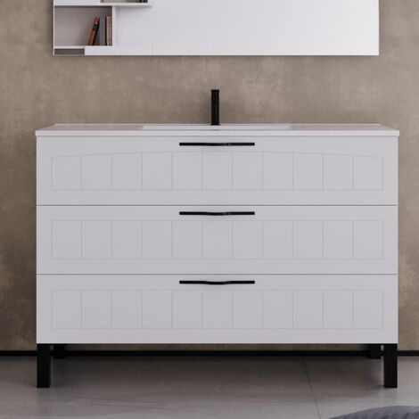 Meuble de salle de bain 120cm simple vasque - 3 tiroirs - sans miroir - blanc - CALA (1/5)