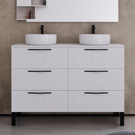 Meuble de salle de bain 120cm avec plateau et deux vasques à poser rondes - 6 tiroirs - sans miroir - blanc - CALA (1/5)