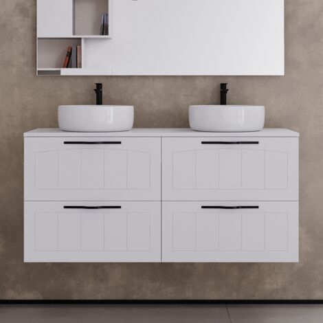 Meuble de salle de bain 120cm avec plateau et deux vasques à poser rondes - 4 tiroirs - sans miroir - blanc - PIA (1/5)