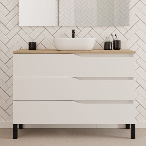 Meuble de salle de bain 120cm avec plateau miel et vasque à poser zeus - 3 tiroirs - sans miroir - blanc - MATA (1/4)