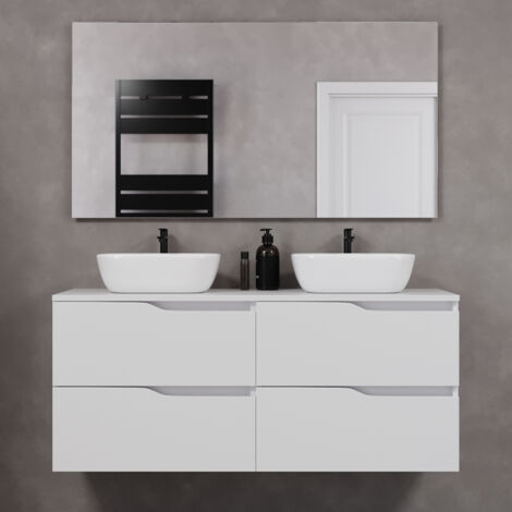 Meuble de salle de bain 120cm avec plateau et deux vasques à poser zeus - 4 tiroirs - blanc - LUNA (1/4)