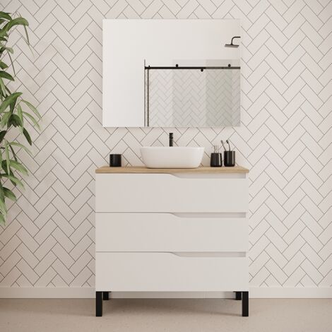 Meuble de salle de bain 90cm avec plateau miel et vasque à poser zeus - 3 tiroirs - blanc - MATA (1/5)