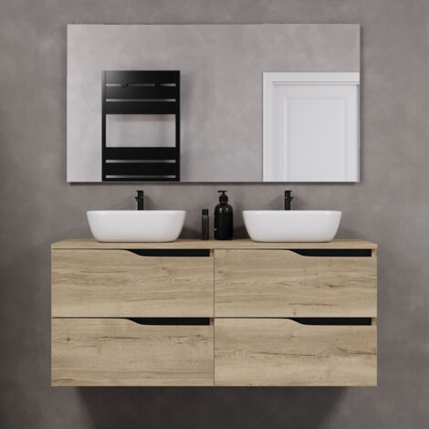 Meuble de salle de bain 120cm avec plateau et deux vasques à poser zeus - 4 tiroirs - madera miel (chêne clair) - LUNA (1/4)