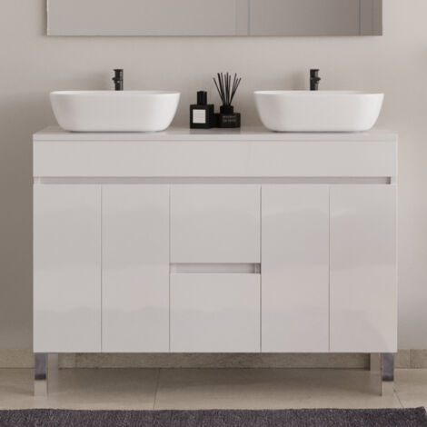 Meuble de salle de bain 120cm sur pieds avec plateau et deux cuves à poser arrondies - sans miroir - portes et tiroirs - blanc - HARO (1/4)