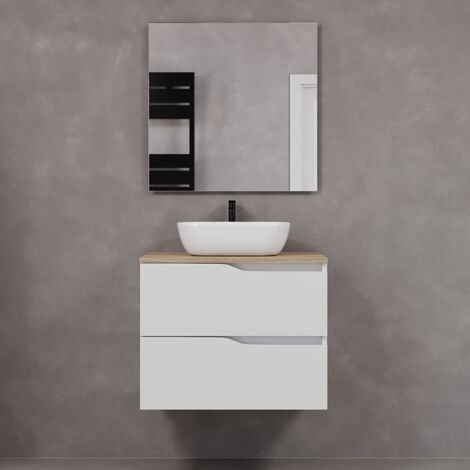 Meuble de salle de bain 60cm avec plateau miel et vasque à poser zeus - 2 tiroirs - blanc - LUNA (1/5)