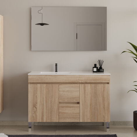 Meuble de salle de bain 120cm sur pieds avec vasque déporté - portes et tiroirs - cambrian (chêne clair) - HARO (1/5)