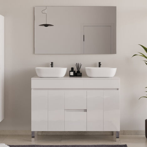 Meuble de salle de bain 120cm sur pieds avec plateau et deux cuves à poser arrondies - portes et tiroirs - blanc - HARO (1/5)