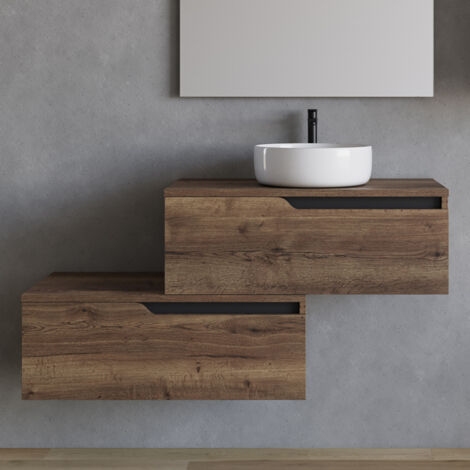Meuble de salle de bain 120cm avec vasque à poser ronde - sans miroir - 2 tiroirs - tabaco (bois foncé) - CADIX (1/3)