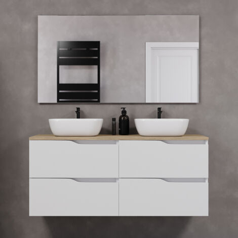 Meuble de salle de bain 120cm avec plateau miel et deux vasques à poser zeus - 4 tiroirs - blanc - LUNA (1/4)