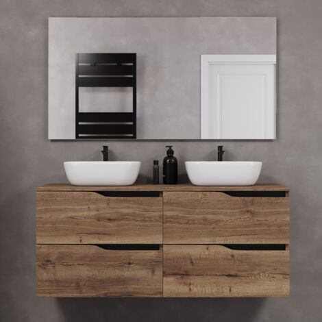 Meuble de salle de bain 120cm avec plateau et deux vasques à poser zeus - 4 tiroirs - tabaco (chêne foncé) - LUNA