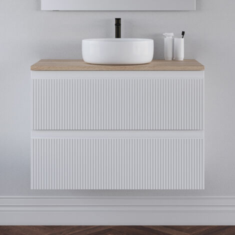 Meuble de salle de bain 80cm avec plateau cambrian et vasque à poser ronde - sans miroir - 2 tiroirs - blanc - RIBERA (1/2)