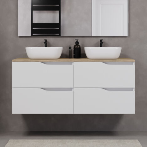 Meuble de salle de bain 120cm avec plateau miel et deux vasques à poser zeus - 4 tiroirs - sans miroir - blanc - LUNA (1/3)