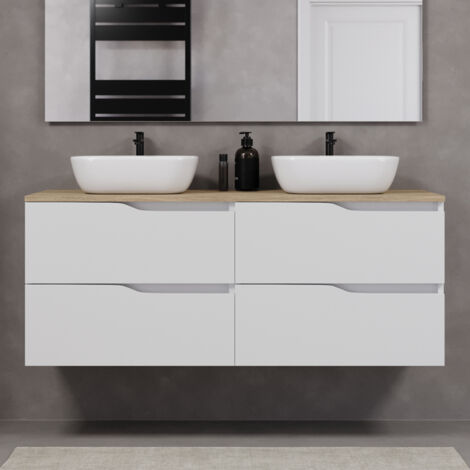 Meuble de salle de bain 140cm avec plateau miel et deux vasques à poser zeus - 4 tiroirs - sans miroir - blanc - LUNA