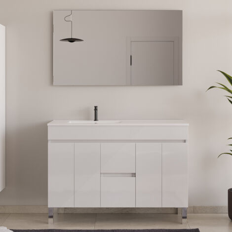Meuble de salle de bain 120cm sur pieds avec vasque déporté - portes et tiroirs - blanc - HARO (1/5)