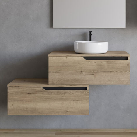 Meuble de salle de bain 120cm avec vasque à poser ronde - sans miroir - 2 tiroirs - madera miel (chêne clair) - CADIX (1/3)