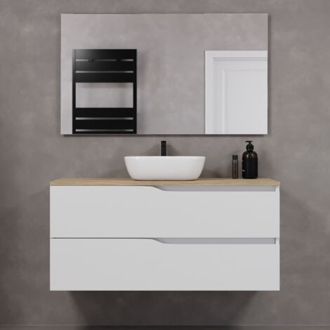 Meuble de salle de bain 120cm avec plateau miel et vasque à poser zeus - 2 tiroirs - blanc - LUNA (1/4)
