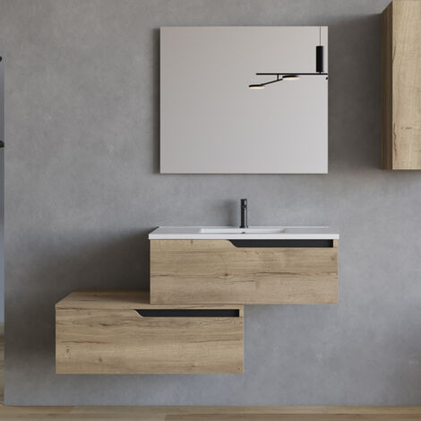 Meuble de salle de bain 120cm avec plan simple vasque - 2 tiroirs - madera miel (chêne clair) - CADIX (1/4)
