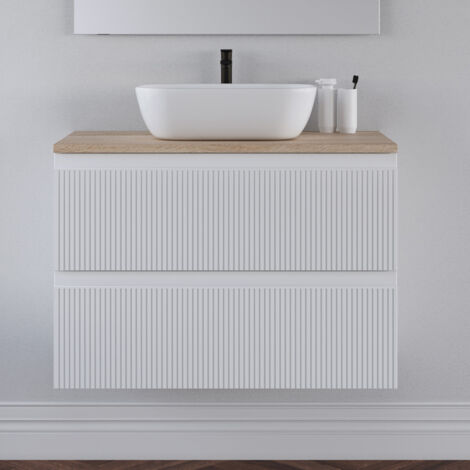 Meuble de salle de bain 80cm avec plateau et vasque à poser arrondie - sans miroir - 2 tiroirs - cambrian (chêne clair) - RIBERA (1/3)