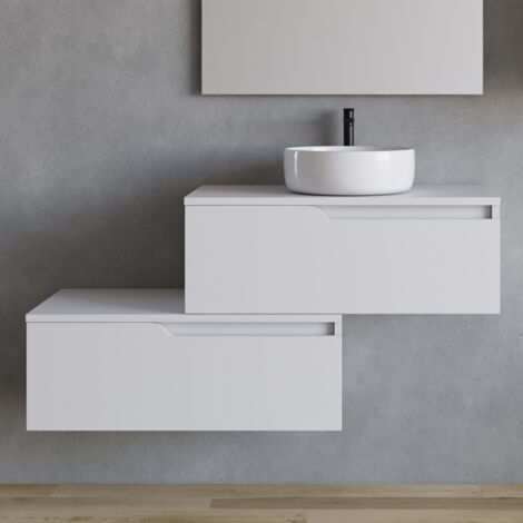 Meuble de salle de bain 120cm avec vasque à poser ronde - sans miroir - 2 tiroirs - blanc - CADIX (1/3)