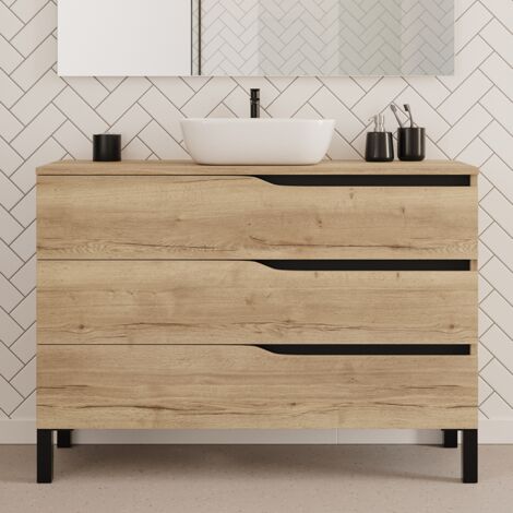 Meuble de salle de bain 120cm avec plateau et vasque à poser zeus - 3 tiroirs - sans miroir - madera miel (chêne clair) - MATA