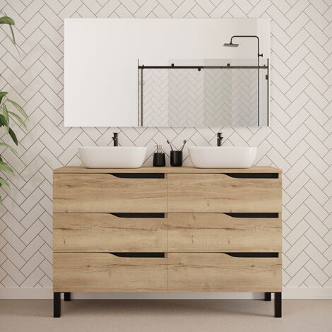 Meuble de salle de bain 120cm avec plateau et deux vasques à poser zeus - 6 tiroirs - madera miel (chêne clair) - MATA (1/5)