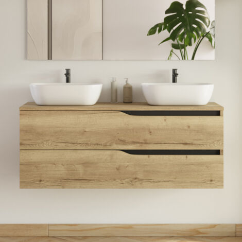 Meuble de salle de bain 120cm avec plateau et 2 vasques à poser Zeus - 2 tiroirs - sans miroir - madera miel (bois clair) - LUNA