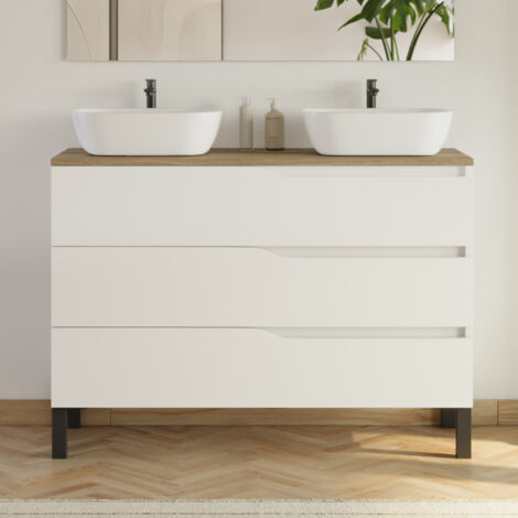 Meuble de salle de bain 120cm avec plateau miel et 2 vasques à poser Zeus - 3 tiroirs - sans miroir - blanc - MATA (1/4)