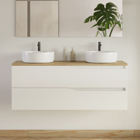 Meuble de salle de bain 120cm avec plateau miel et 2 vasques à poser Ares - 2 tiroirs - sans miroir - blanc - LUNA (1/3)