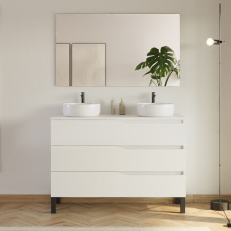Meuble de salle de bain 120cm avec plateau et 2 vasques à poser Ares - 3 tiroirs - blanc - MATA (1/5)