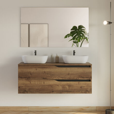 Meuble de salle de bain 120cm avec plateau et 2 vasques à poser Zeus - 2 tiroirs - tabaco (chêne foncé) - LUNA (1/5)