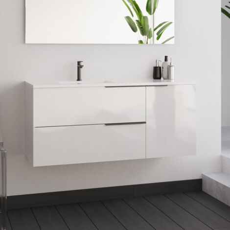Meuble de salle de bain 100cm avec vasque déportée - 2 tiroirs - sans miroir - blanc - KING (1/4)