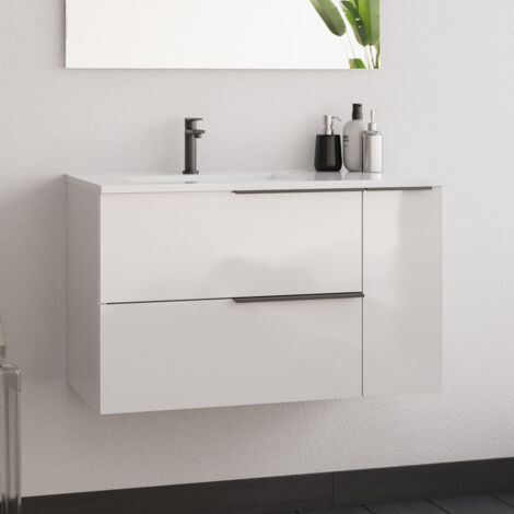 Meuble de salle de bain 80cm avec vasque déportée - 2 tiroirs - sans miroir - blanc - KING (1/5)