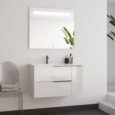 Meuble de salle de bain 80cm avec vasque déportée - blanc - KING et miroir STAM (1/5)