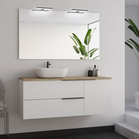 Meuble de salle de bain 120cm avec vasque à poser arrondie et miroir avec appliques - blanc - KING (1/5)