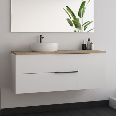 Meuble de salle de bain 120cm avec vasque à poser ronde - sans miroir - blanc - KING (1/4)