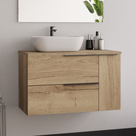 Meuble de salle de bain 80cm avec vasque à poser déportée arrondie - sans miroir - roble (chêne clair) - KING