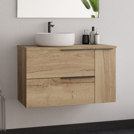 Meuble de salle de bain 80cm avec vasque à poser déportée ronde - sans miroir - roble (chêne clair) - KING (1/5)