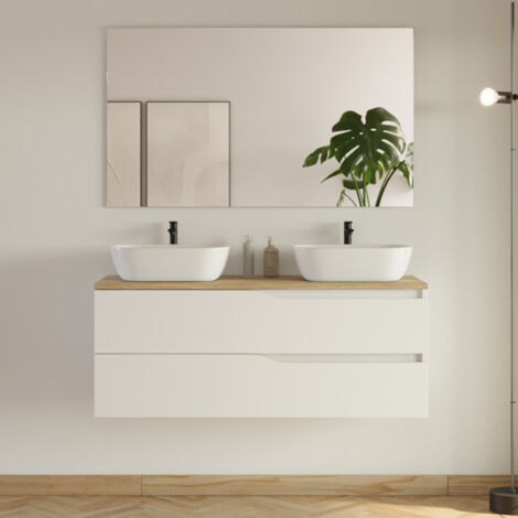 Meuble de salle de bain 120cm avec plateau miel et 2 vasques à poser Zeus - 2 tiroirs - blanc - LUNA (1/5)