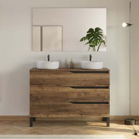Meuble de salle de bain 120cm avec plateau et 2 vasques à poser Ares - 3 tiroirs - tabaco (chêne foncé) - MATA (1/5)