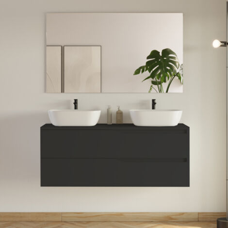 Meuble de salle de bain 120cm avec plateau et 2 vasques à poser Zeus - 2 tiroirs - noir - LUNA (1/4)