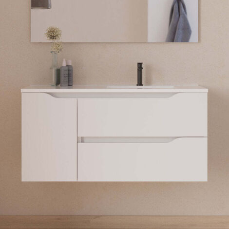 Meuble de salle de bain 120cm avec vasque déportée à droite - sans miroir - 2 tiroirs et un placard - blanc - ZARZA
