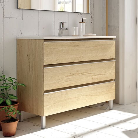 Meuble de salle de bain 100cm simple vasque - 3 tiroirs - sans miroir - bambou (chêne clair) - PALMA