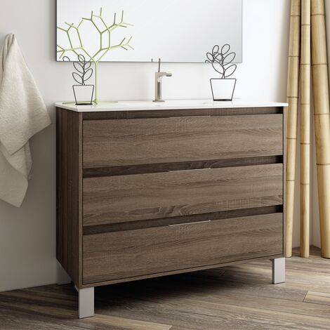 Meuble de salle de bain 80cm simple vasque - 3 tiroirs - sans miroir - Britannia (chêne foncé) - TIRIS 3C (1/4)