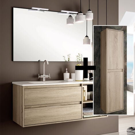 Ensemble meuble de salle de bain 70cm simple vasque + colonne de rangement  - bambou (chêne clair) 