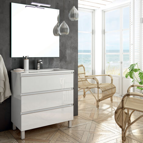 Meuble de salle de bain 80cm simple vasque - 3 tiroirs - blanc - PALMA (1/5)