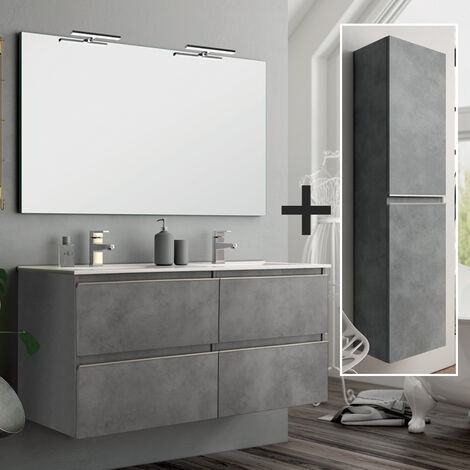 Ensemble meuble de salle de bain 120cm double vasque + colonne de rangement  - ciment (gris) - BALEA