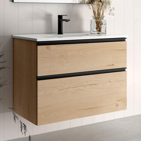 Meuble de salle de bain 80cm simple vasque - 2 tiroirs - sans miroir - CREMA (1/3)