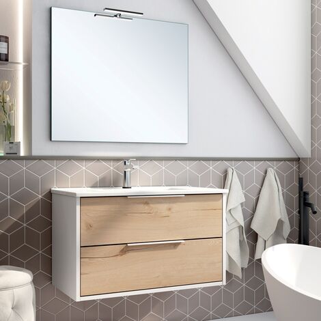 Meuble de salle de bain 80cm simple vasque - 2 tiroirs - Blanc/Roble - ALBA (1/3)